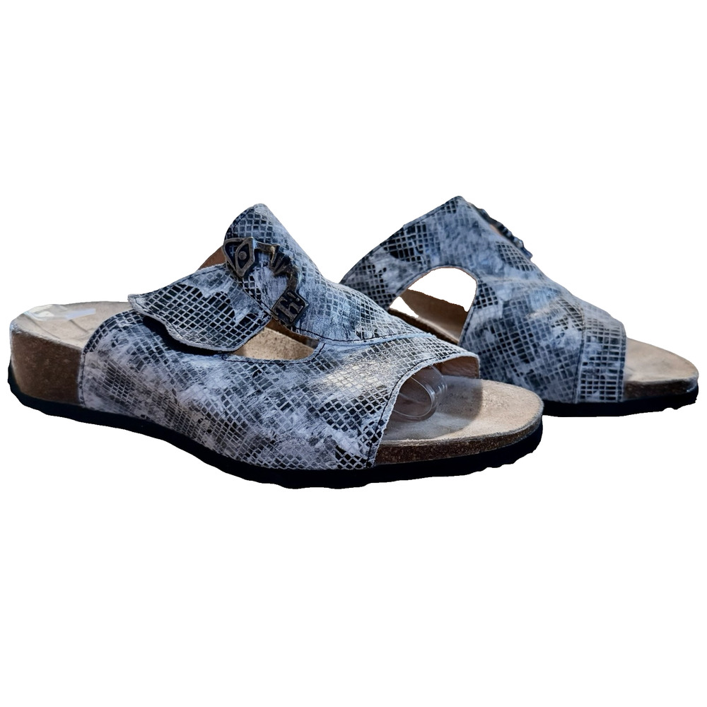 Think Mizzi Sandals Leather Slides Comfort Shoes Gray Print Summer Slip On sz 8